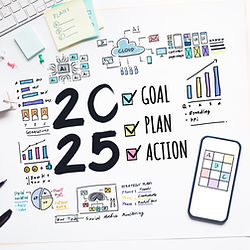 Illustration of 2025 goal plan with charts and a smartphone.