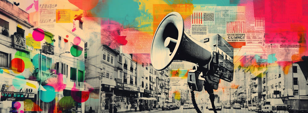 Colorful urban collage with megaphone and vibrant abstract shapes, representing bold graphic design trends for branding and marketing.