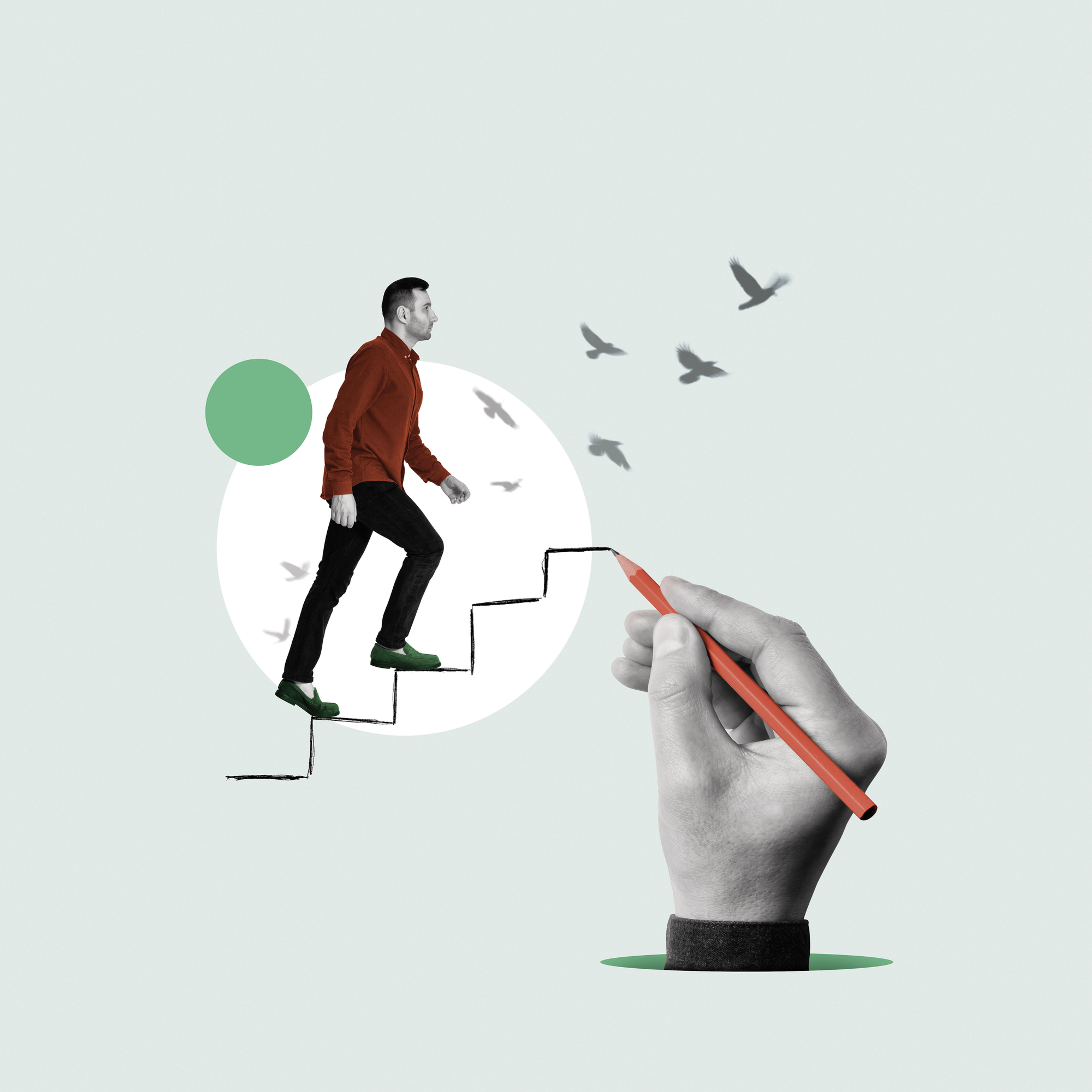A hand holding a red pencil is drawing stairs, while a man in a red shirt and black pants is walking up the stairs. Birds are flying in the background against a light grey backdrop with a white circular shape behind the man. The image symbolizes progress and moving forward.