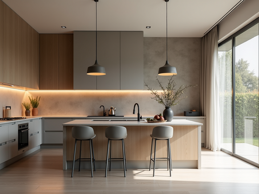 Modern kitchen remodel with island seating, pendant lighting, and large sliding glass doors bringing in natural light.