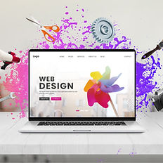Creative web design concept on a laptop screen with colorful abstract elements.