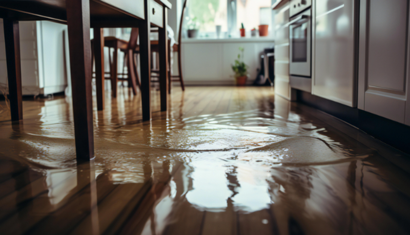 Standing water on a kitchen floor. water damage restoration in Martin County