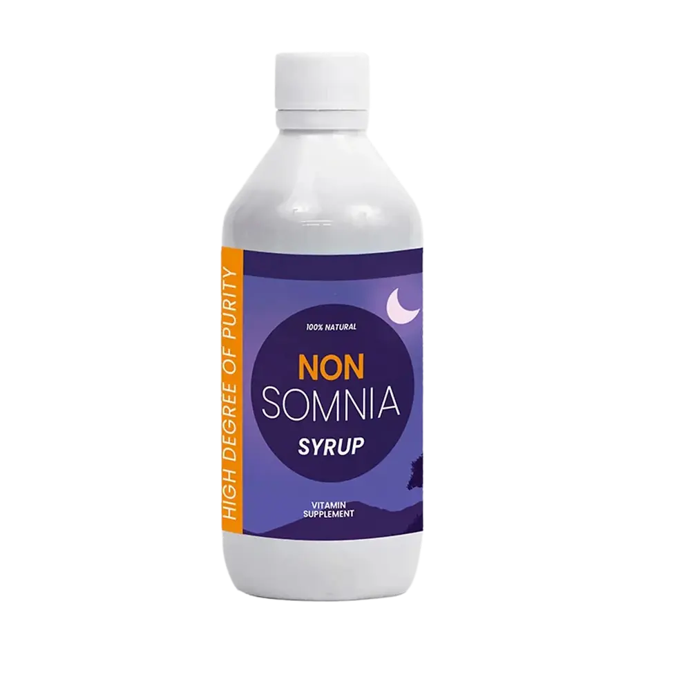 Non Somnia Sleep Syrup bottle front view with purple label; gentle nighttime sleep aid by JALZ Products LLC
