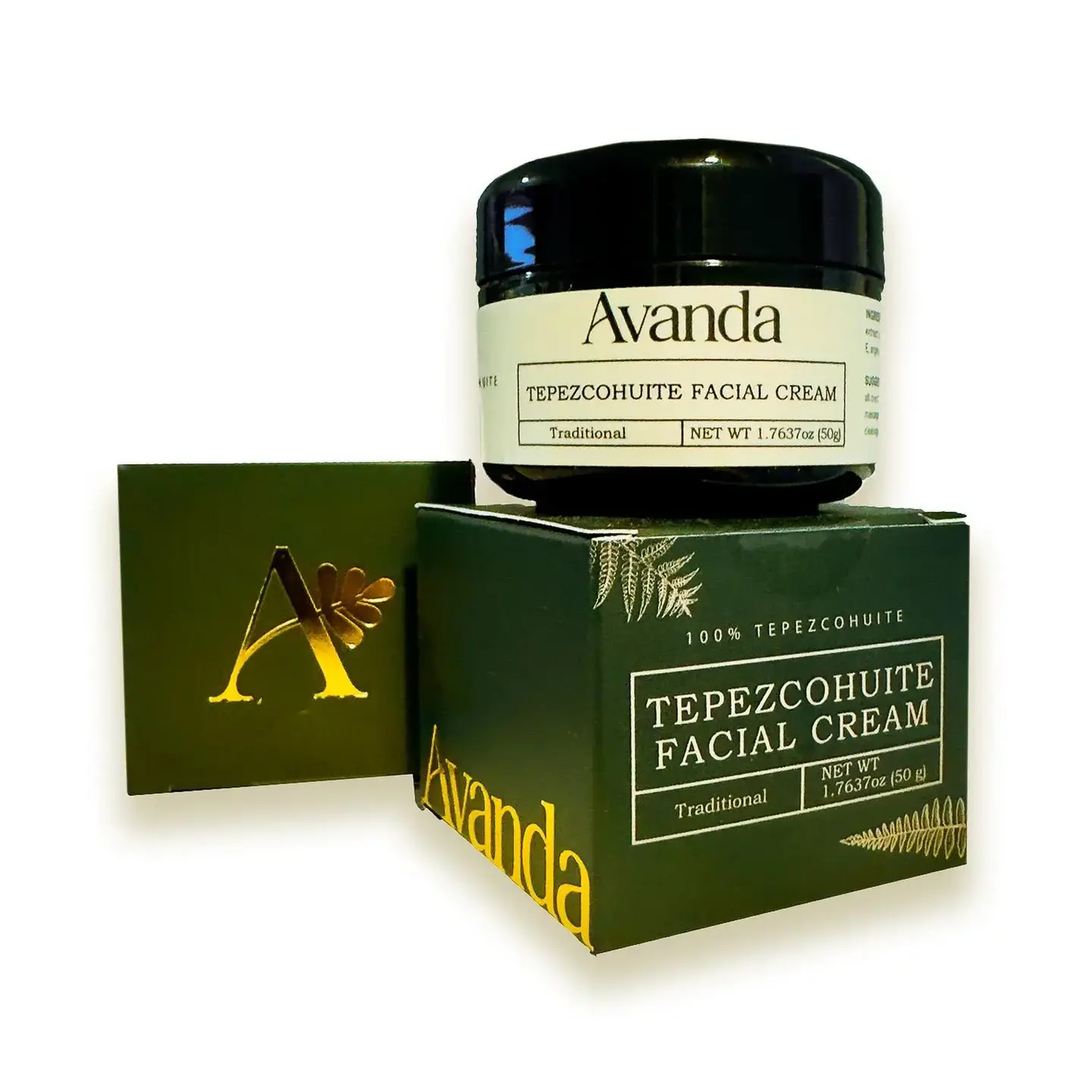 Avanda Tepezcohuite Facial Cream on box, Luxury Rejuvenating Tepezcohuite Facial Cream – (50 ml) product, JALZ PRODUCTS LLC