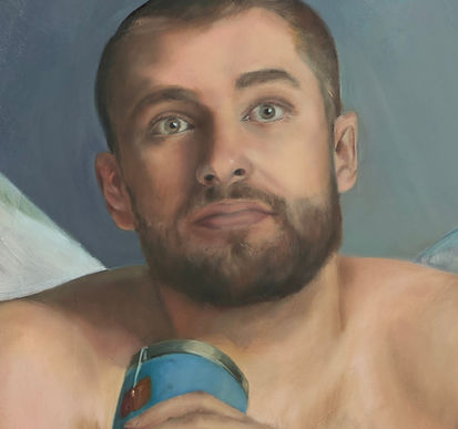 Ein Engel trinkt Tee. Detailansicht Gesicht