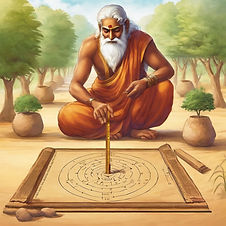 Ancient Indian Rishi is measuring Temple dimensions plot length and width with map by usin
