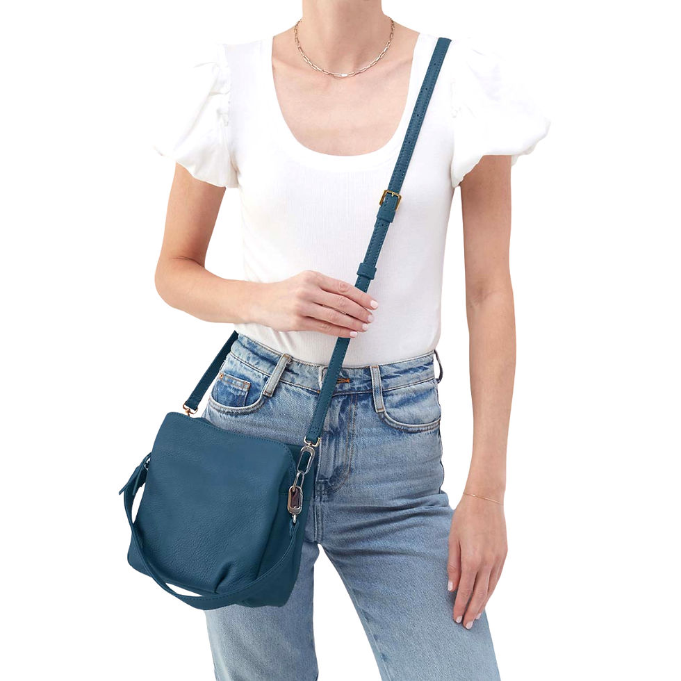 Hobo Starr Shoulder Bag in Peacock Feather front as a crossbody on model