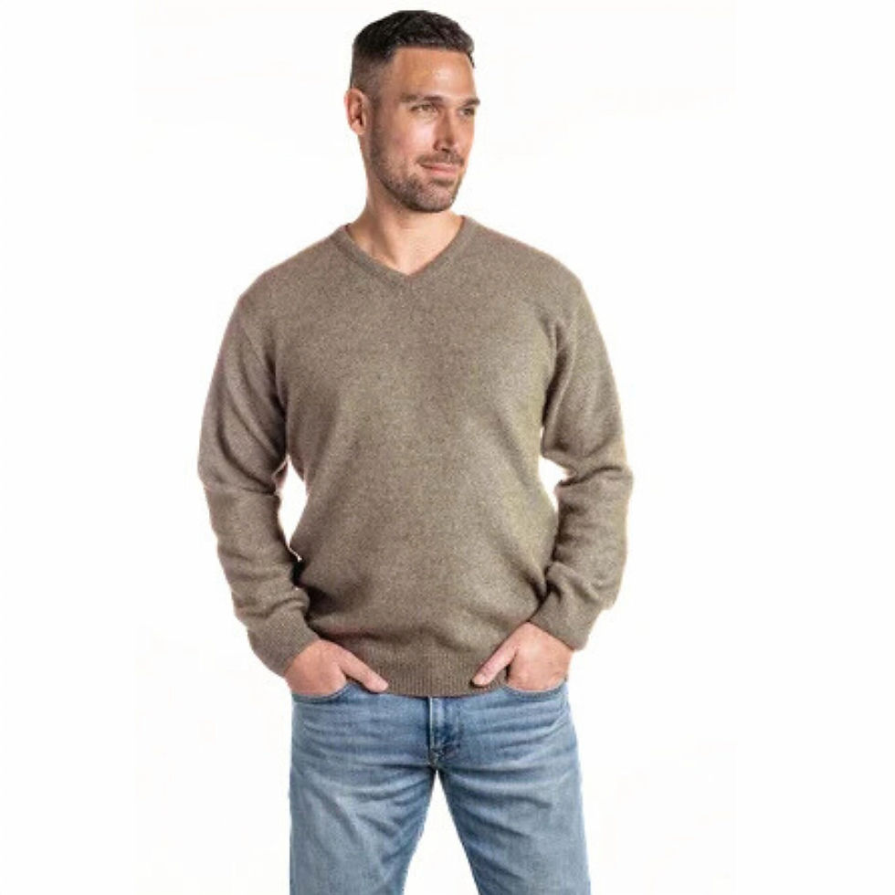 Koru Knitwear of New Zealand V Neck Jumper for Men in Mocha (espresso) on model