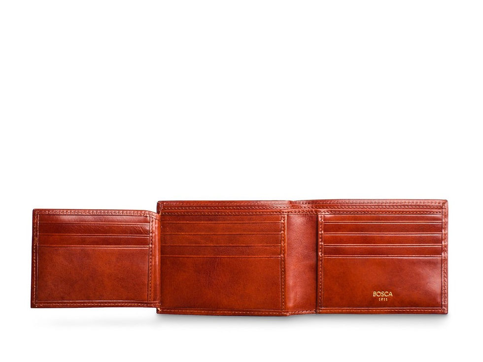 Bosca Bifold Wallet with Card ID Flap in Old Leather Cognac opened view