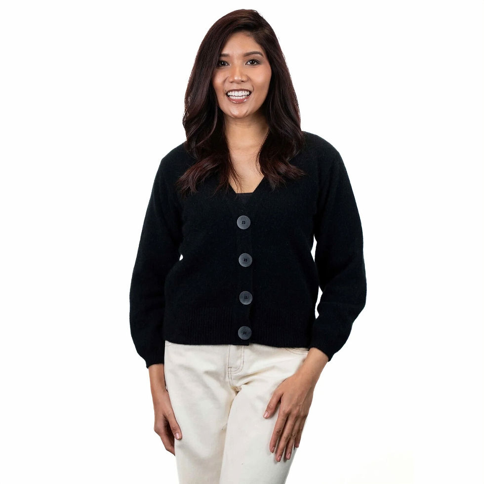 Koru Knitwear-New Zealand Knitted V Neck Cardigan Black front on model