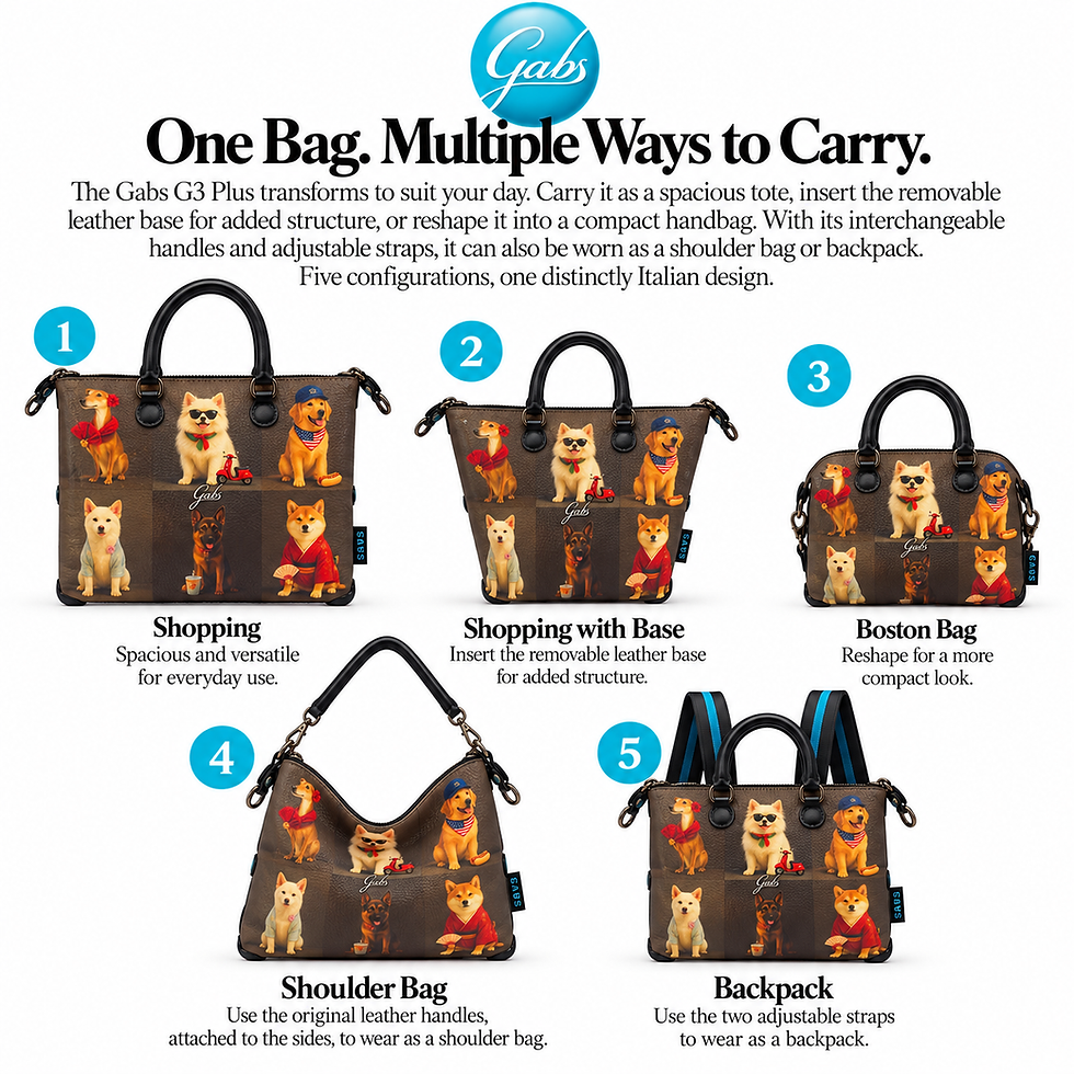 Thumbnail: Gabs G3 Plus handbag in five configurations: shopping bag, structured tote, Boston bag, shoulder bag and backpack.