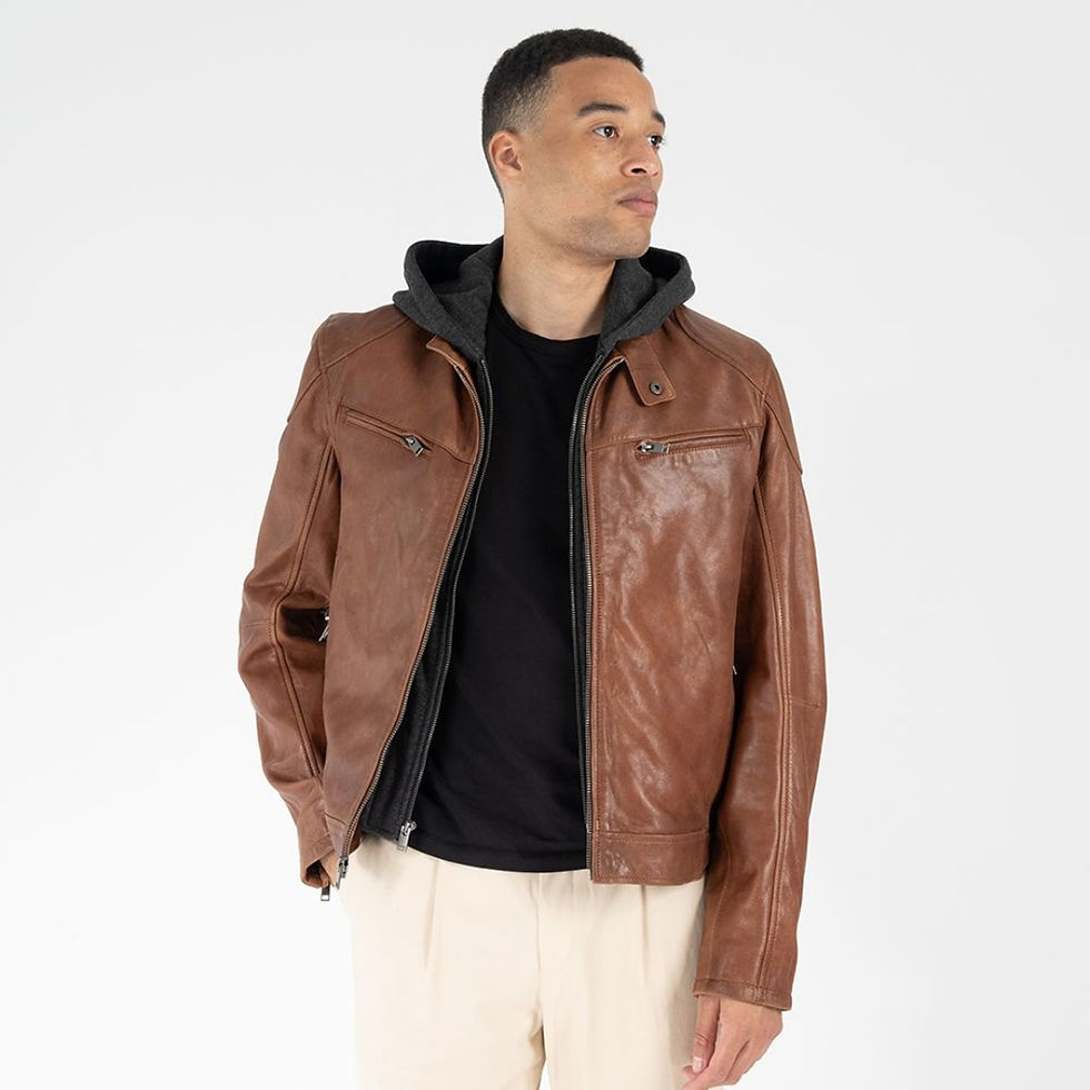 Thumbnail: Mauritius Leather Biko Hoodie in Cognac front on model