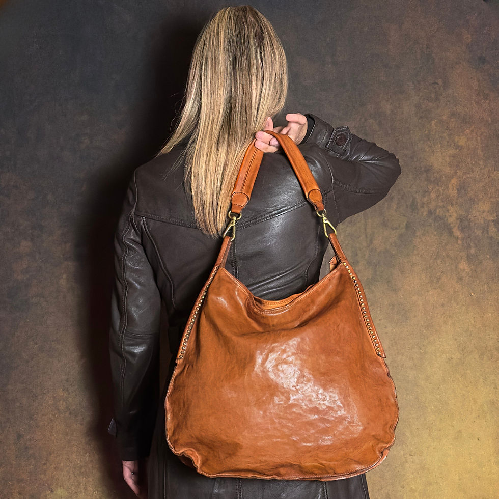 Campomaggi-Italy Luana with Studs in Cognac front on model