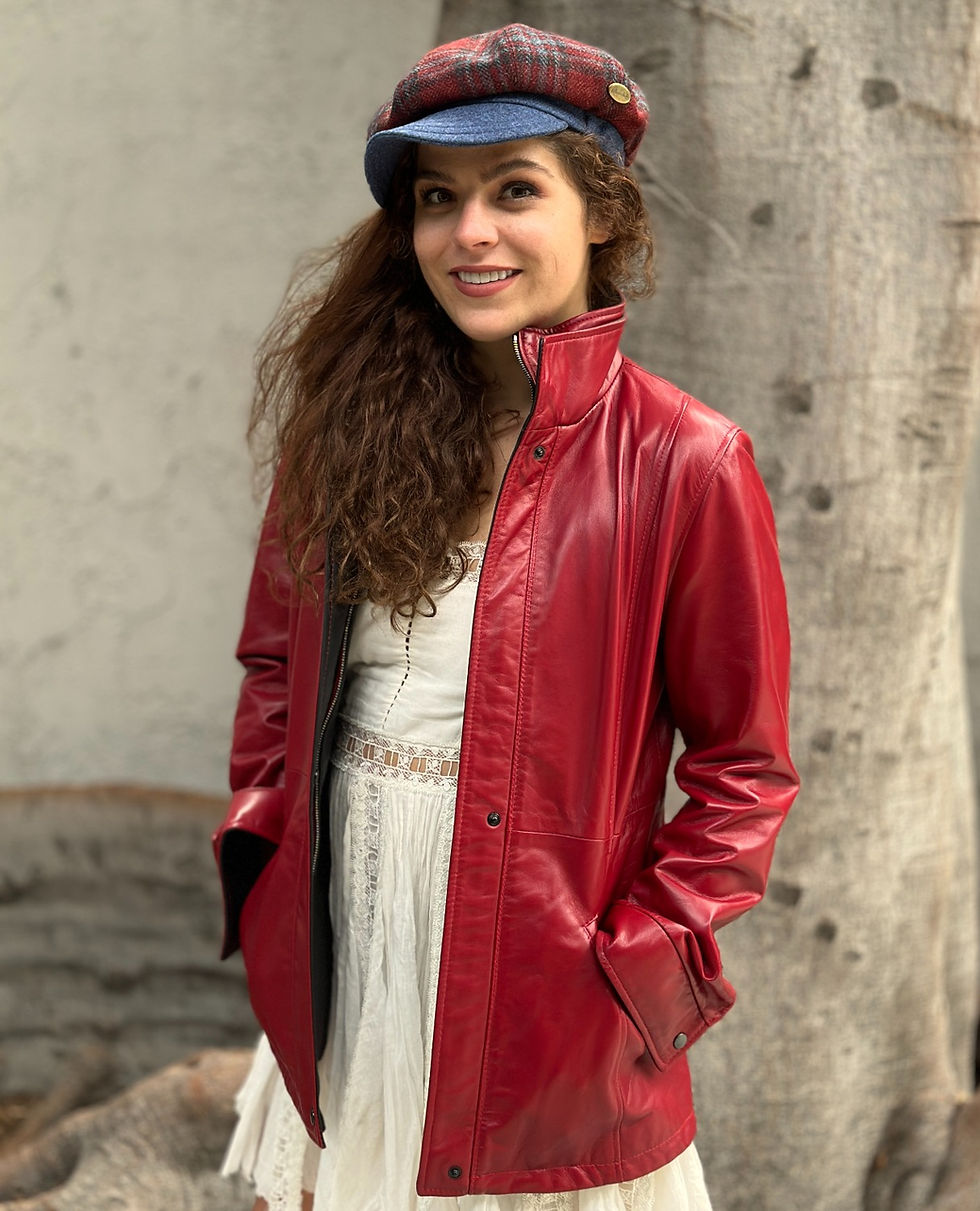 Remy Leather-California Lambskin Double Collar Coat in Scarlet front view on model