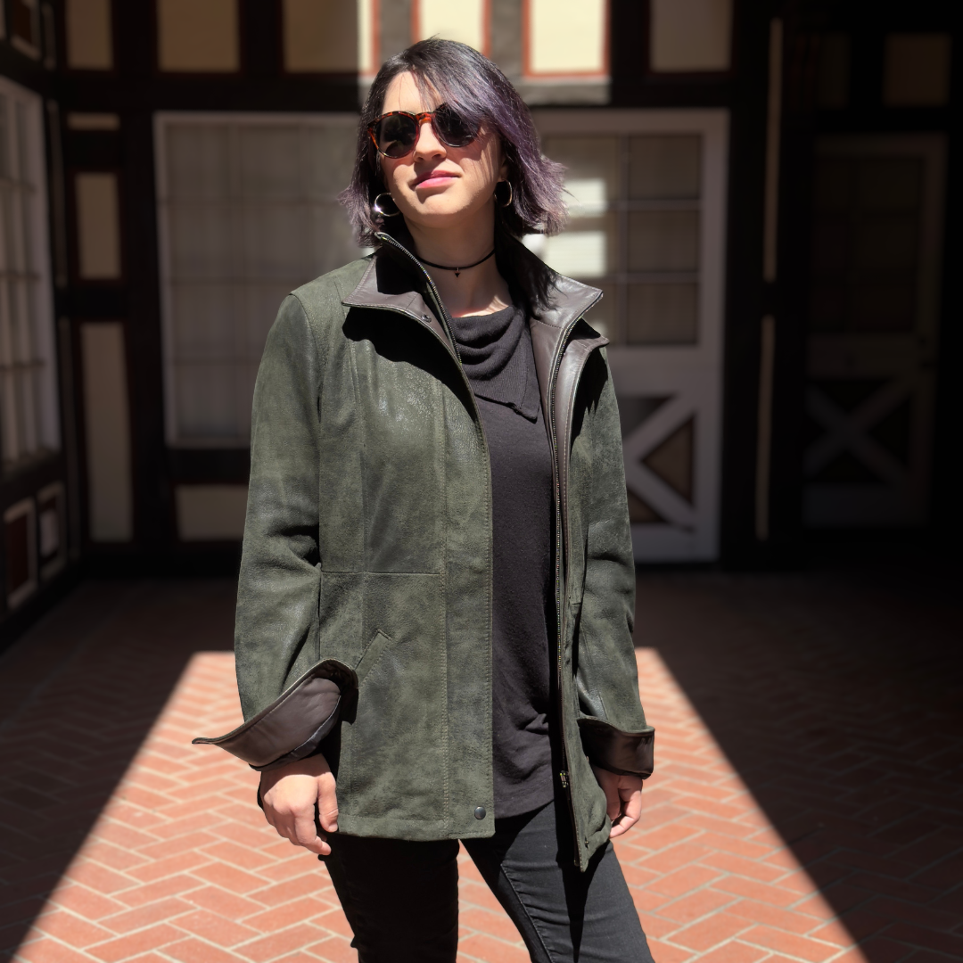Remy Leather-California Lambskin Double Collar Coat in Moss front on model