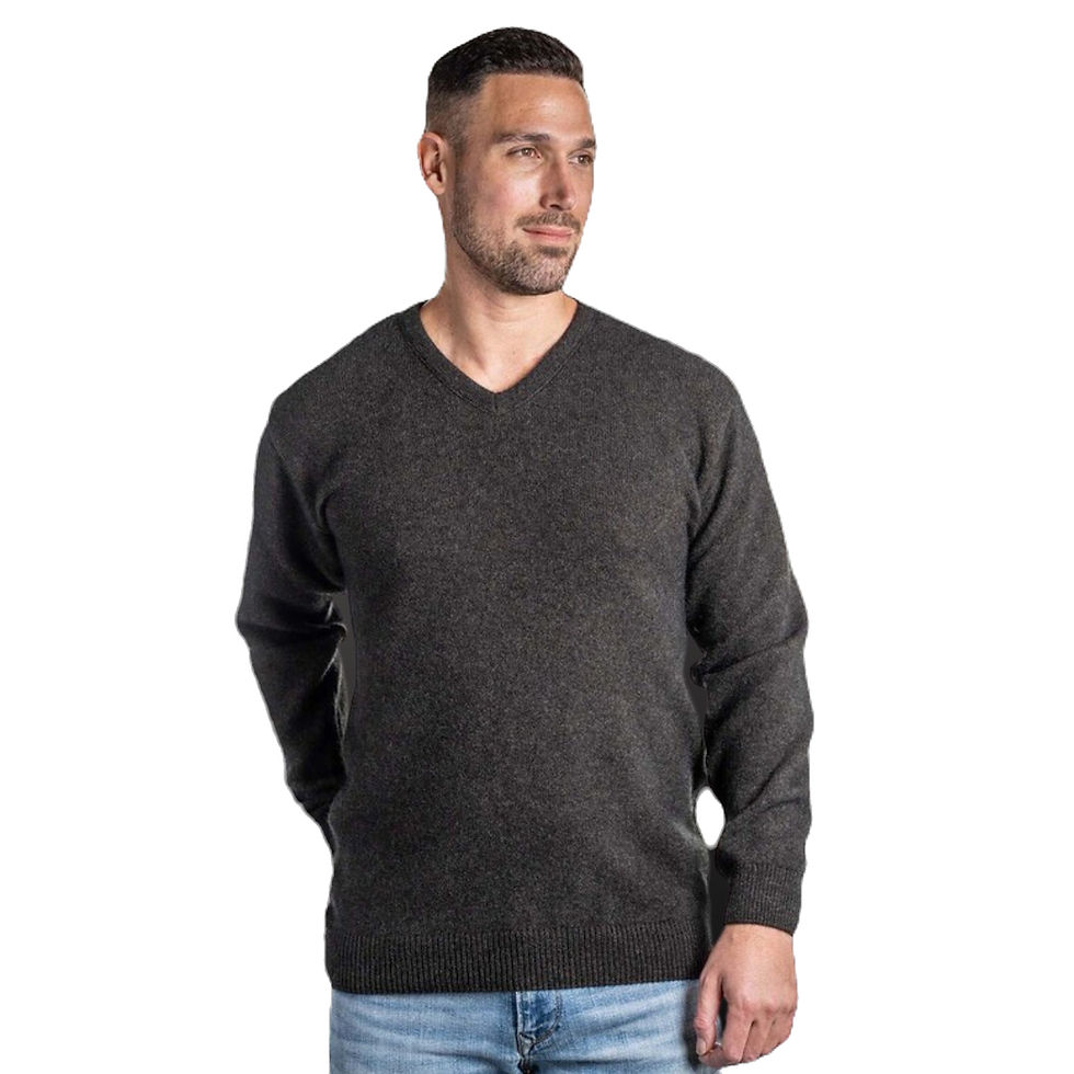 Koru Knitwear of New Zealand V Neck Jumper for Men in Donkey (espresso) on model