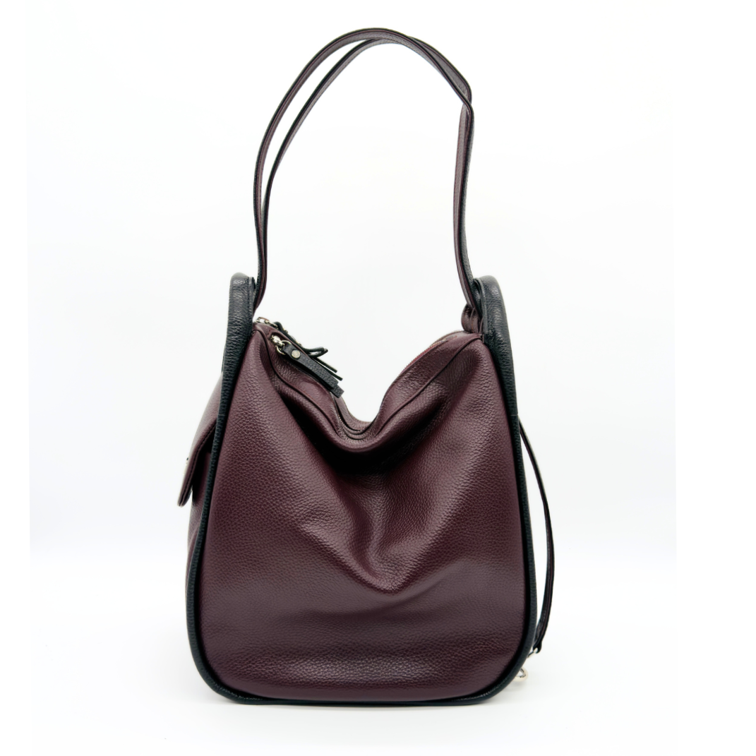 Bruno Rossi Convertible Leather Backpack Shoulder Bag in Bordo/Nero side