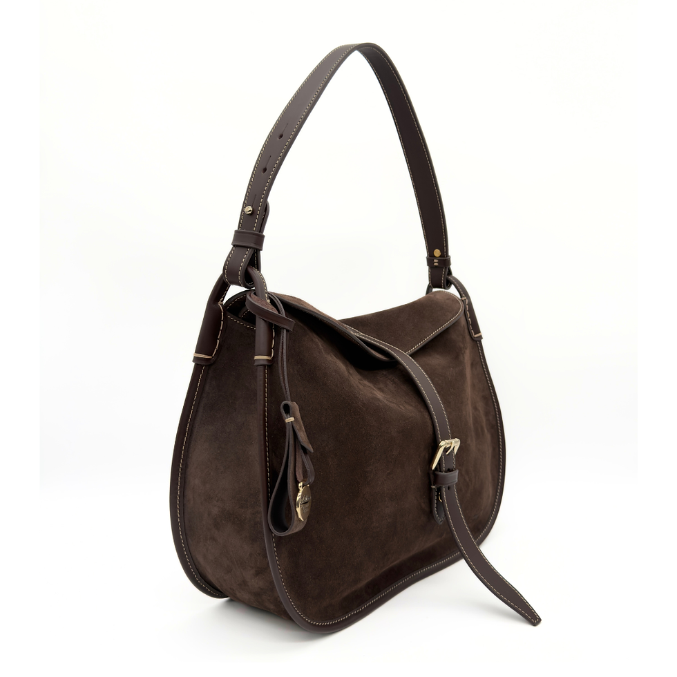 Thumbnail: Boldrini Selleria Toscano Large Suede Leather Shoulder Bag in T Moro side profile
