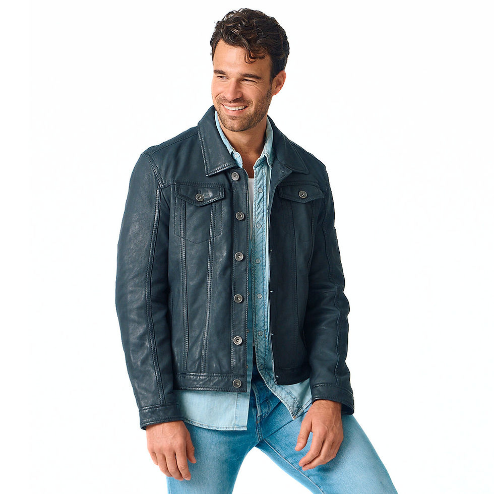 Mauritius Leather Geoff in Navy on model