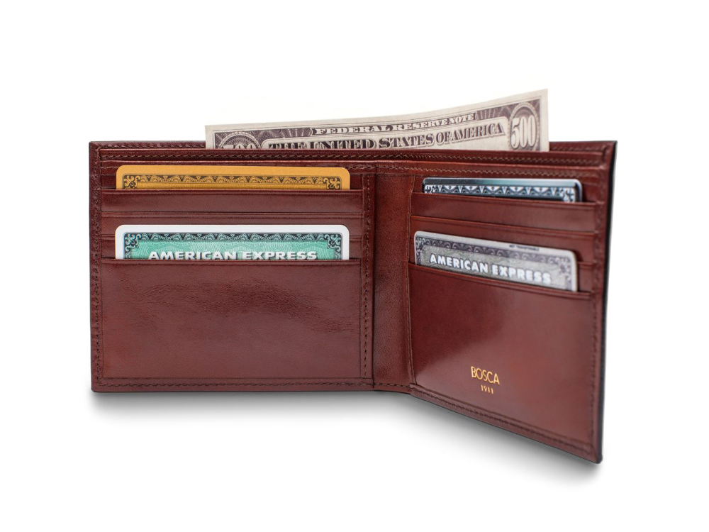 Bosca RFID 8 Pocket Bifold Wallet in Old Leather Dark Brown front view with credit cards