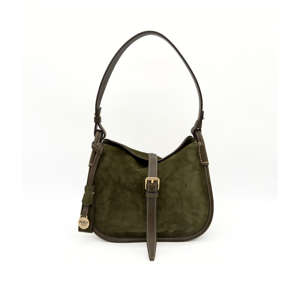 Boldrini Selleria Toscano Small Suede Leather Shoulder Bag in Oliva front