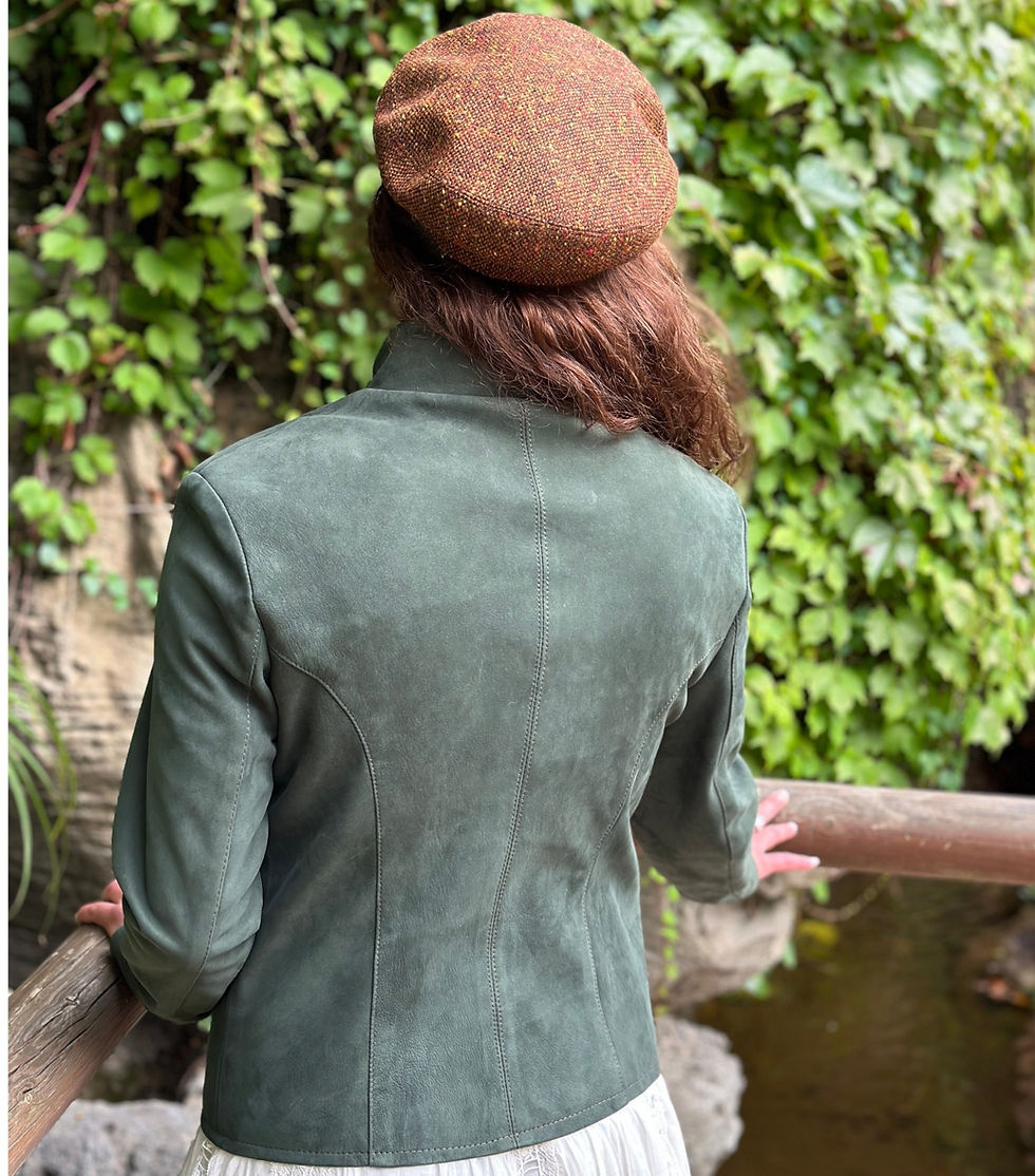 Remy Leather-California Lambskin Double Collar Jacket in Forest/Rustic back on model