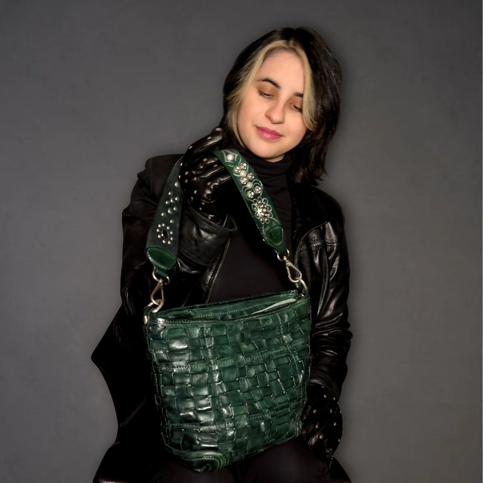 Campomaggi Beth Medium Woven Leather Shoulder Bag front view on model