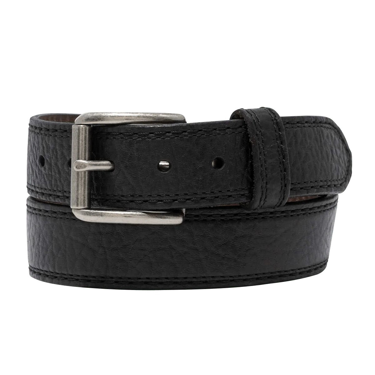 Lejon of California Bison Belt with Roller Buckle Black coiled front view