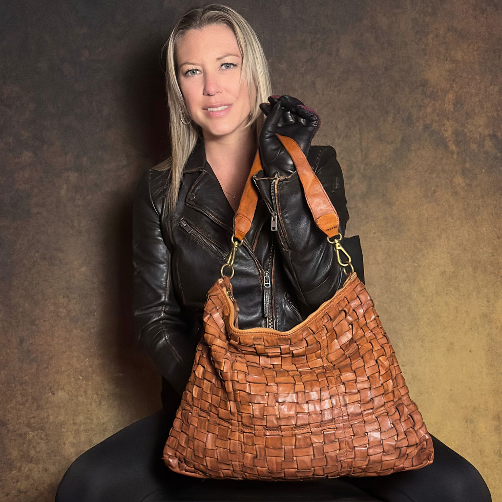 Campomaggi-Italy Woven Shoulder Bag in Cognac on model