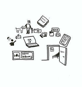 Illustration: Person, Hund, Laptop 'FUR LB', Bildschirm 'willkommen onboarding', 'Home' Tür.