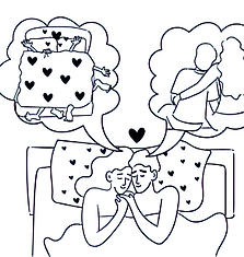 Paar im Bett, Händchen haltend, mit Gedanken über Liebe und Intimität.