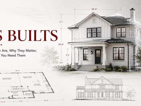 Architectural as-built drawing cover image showing a residential house with floor plan, elevation, dimension lines, and LiDAR-style scan points.