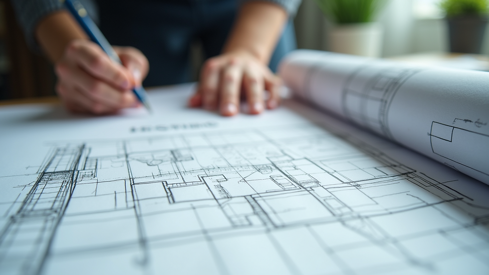 Close-up view of architectural blueprints and sketches on a desk