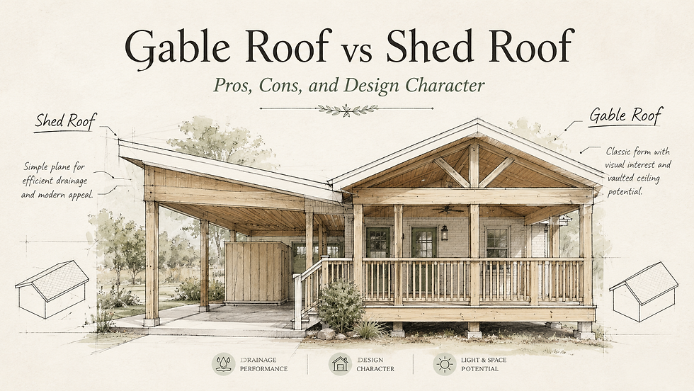 Architectural sketch-style hero image showing a home addition with a shed roof on one side and a gable roof on the other, highlighting the contrast between a simple modern roofline and a classic vaulted porch design.