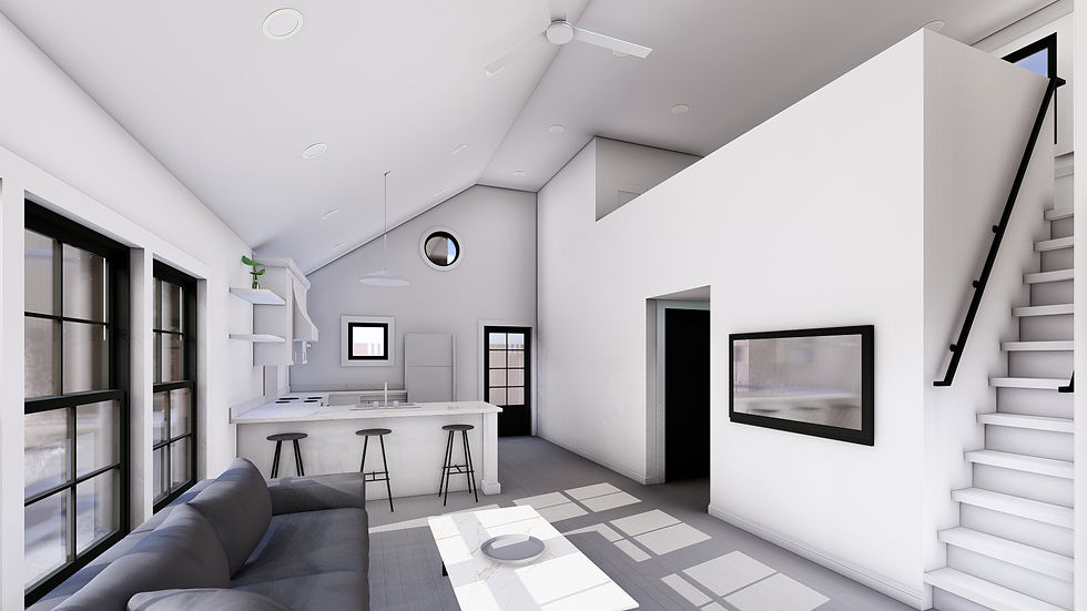 Inside of an Accessory Dwelling. Kitchen with a peninsula. Vaulted Ceiling. Ship Ladder going up to the loft.