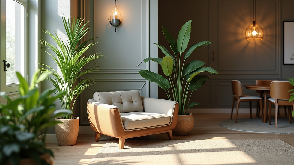 Close-up view of a stylish interior corner with plants and modern decor