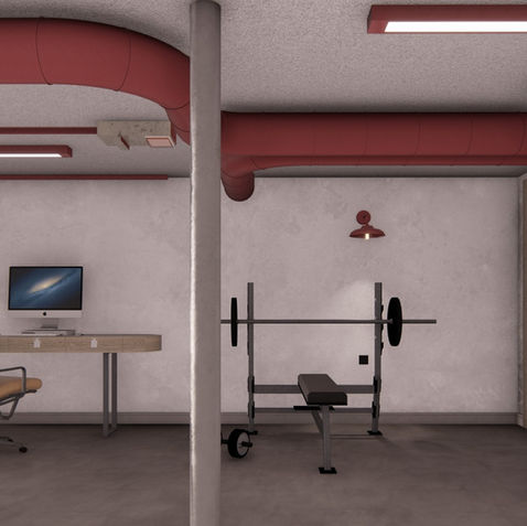 HVAC Design. Red. Glass Garage Doors. Home Gym. Home Office. Concrete Floor. Industrial Design.