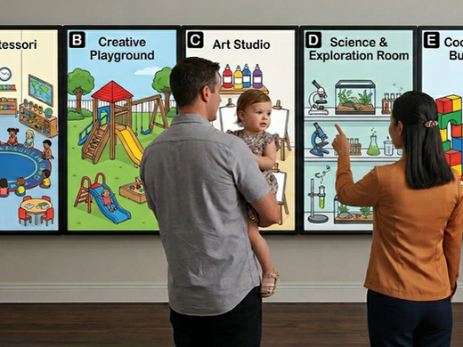 Family browses posters of preschool options
