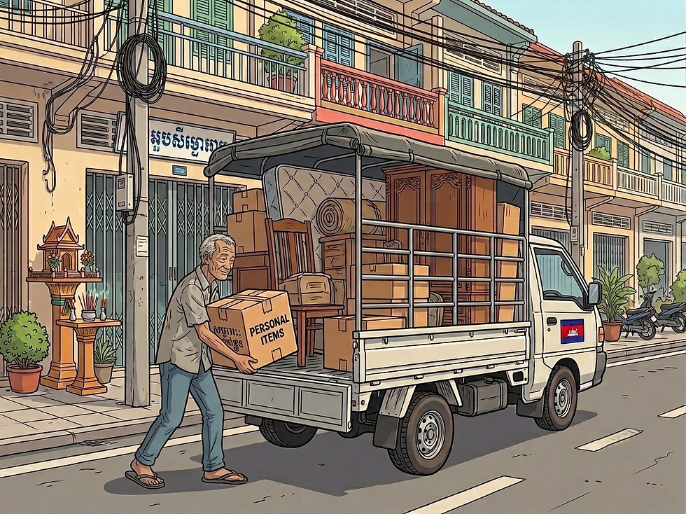 An older man loads a box onto a moving van in Phnom Penh