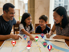 Family selecting from a map of international schools