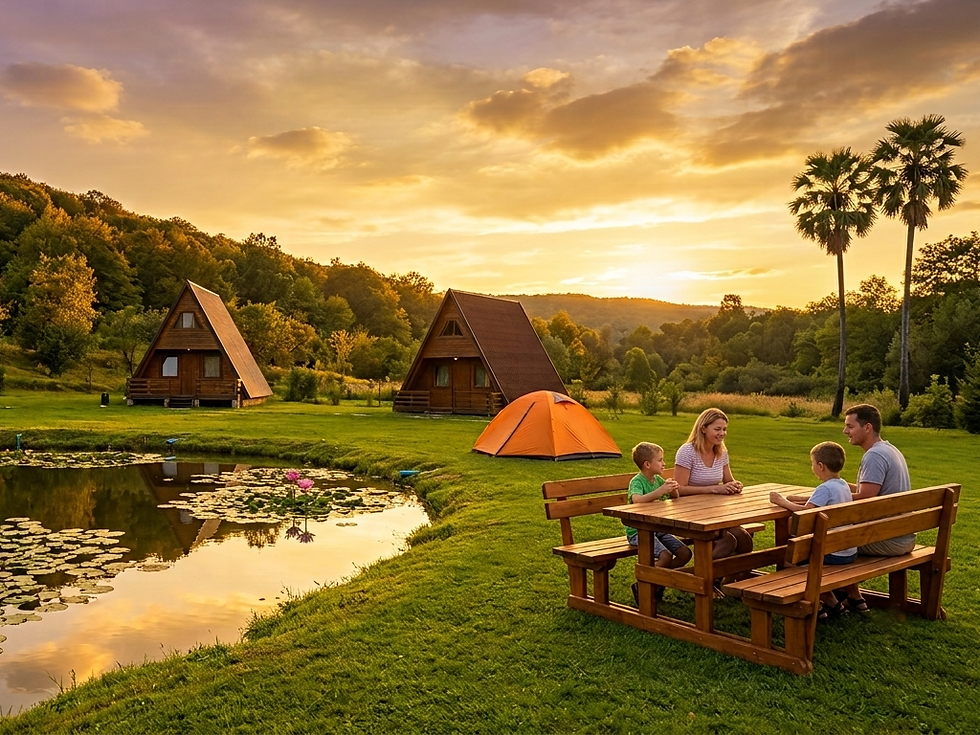 a family sits at a picnic table at a campsite in Cambodia