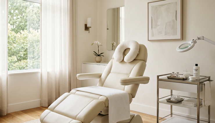 Eye-level view of a calm aesthetic treatment room with a reclining chair and soft natural light