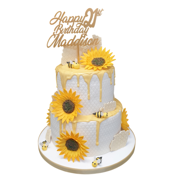 A stunning sunflower-themed cake decorated with intricate details, perfect for any special occasion or celebration in UK.