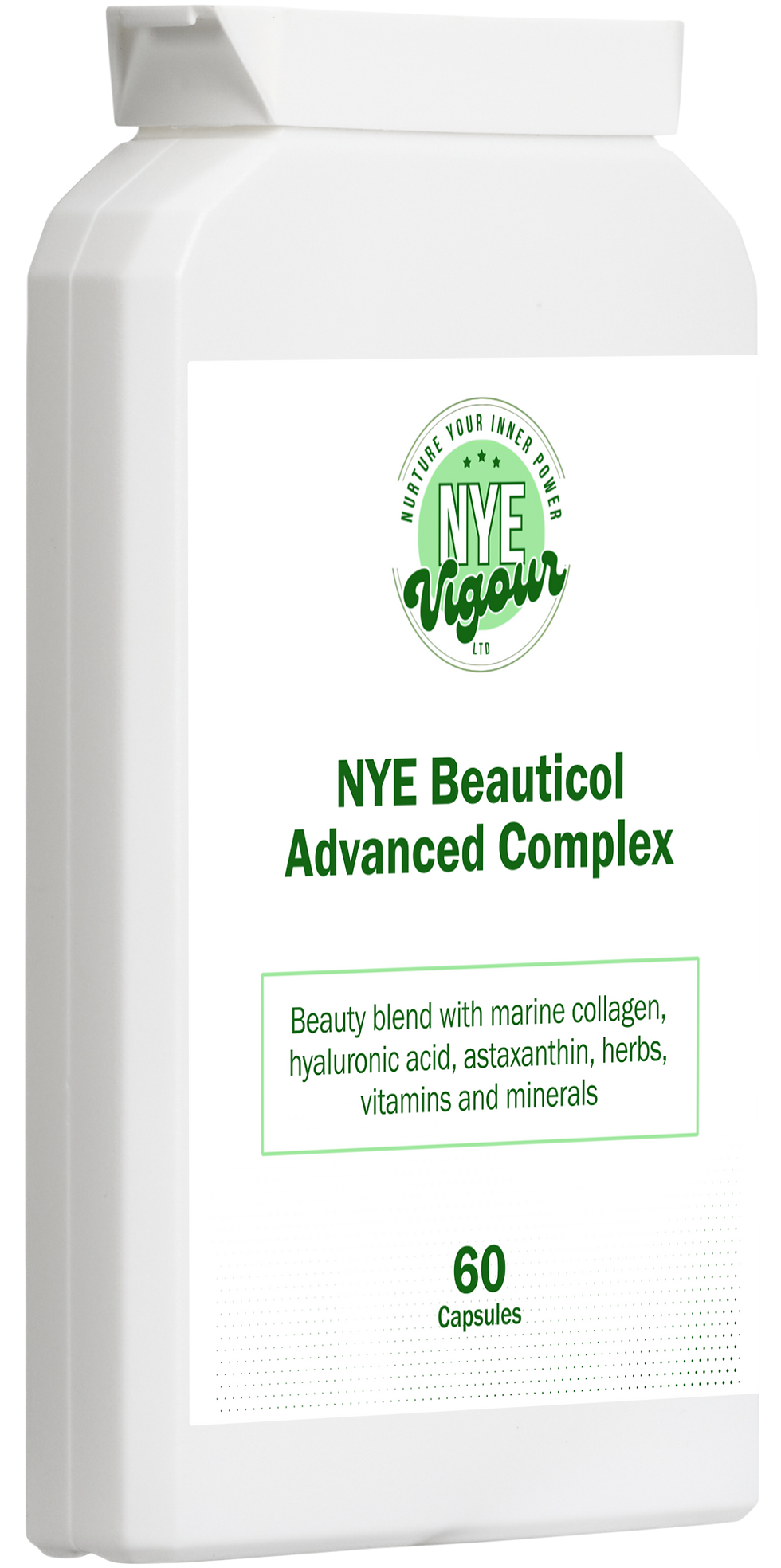 Thumbnail: White bottle with NYE Beauticol Advanced Complex, 60 capsules, beauty blend.