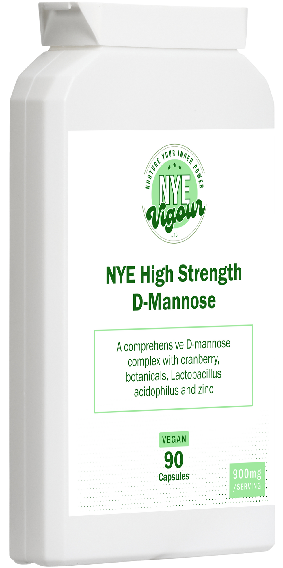 Thumbnail: White bottle of NYE High Strength D-Mannose with 90 capsules and text.