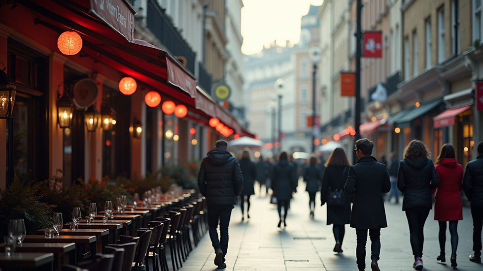 Eye-level view of a busy London street with restaurants