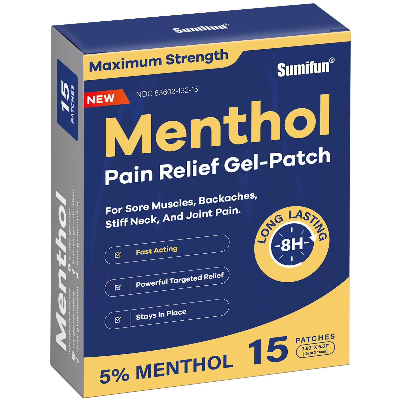 Sumifun 5% Menthol Pain Relief Patches - 15 Count Pain Patches for Back Neck Sho