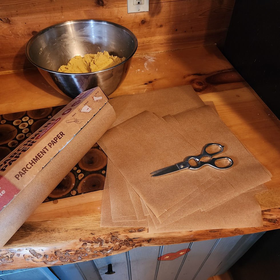 Rectangles of parchment paper ready to go.