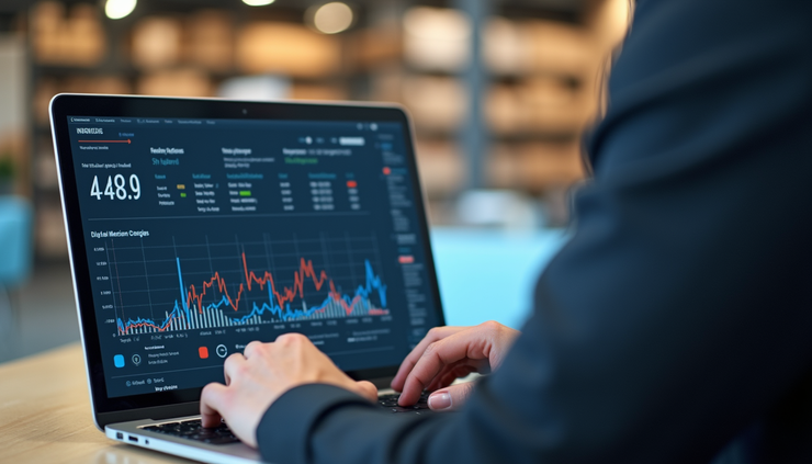 Close-up view of a small business owner analyzing inventory data on a laptop
