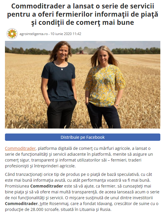 Online Clipping from an advertorial for Commoditrader, in Agrointeligenta